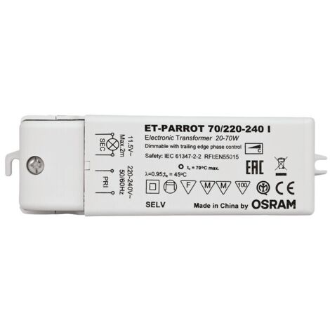 Osram – Transformateur électronique ET-PARROT 70/220-240V – Puissance 70W – Tension 220-240V – Efficacité énergétique 91% – Protection contre surcharges