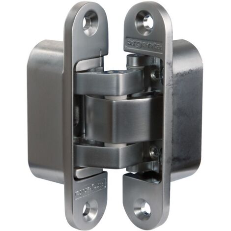 Charnière invisible pour meuble zamak chromé mat – 95 mm x 23 mm – Réglable 3D – Charge jusqu'à 50 kg – Pour portes bois jusqu'à 180° – Argenta
