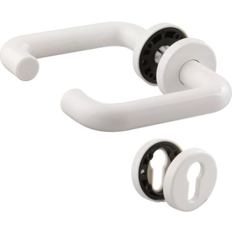 Hoppe Et Cie – Poignée de porte sur rosace blanc – Béquille double en aluminium – Pour portes de service et d'entrée – Carré 7mm – Garantie 10 ans