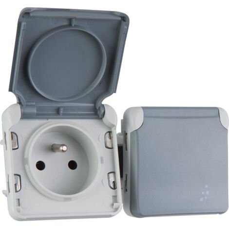 Legrand – Prise de courant double 2P+T horizontale précâblée – IP55 – 16A – 250V – Finition gris pour installations extérieures