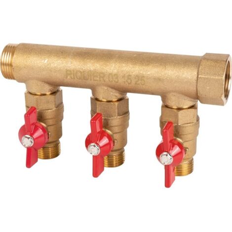 Sanitaire-Distribution – Collecteur 3 sorties MF 3/4'' – Vanne M 1/2'' – Raccordement à passage intégral Ø 12 mm – Sortie entraxe 50 mm