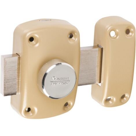 Vachette – Verrou à bouton 766 V – Coffre acier embouti verni bronze H.92 x l.60 mm – Pêne acier chromé 110 mm – Gâche acier embouti verni bronze