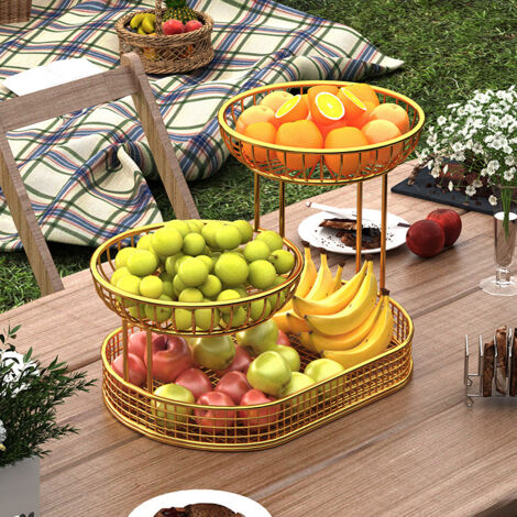 Panier à Fruits 3 Niveaux Métal Doré - Support à 3 Étages Élégant Pour Fruits, Légumes, Snacks & Décoration Cuisine