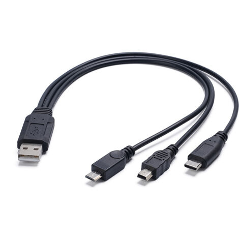 Puce USB mâle, câble adaptateur de charge et de données un vers trois (micro mâle + Type-C mâle + mini 5p mâle). (1/5)