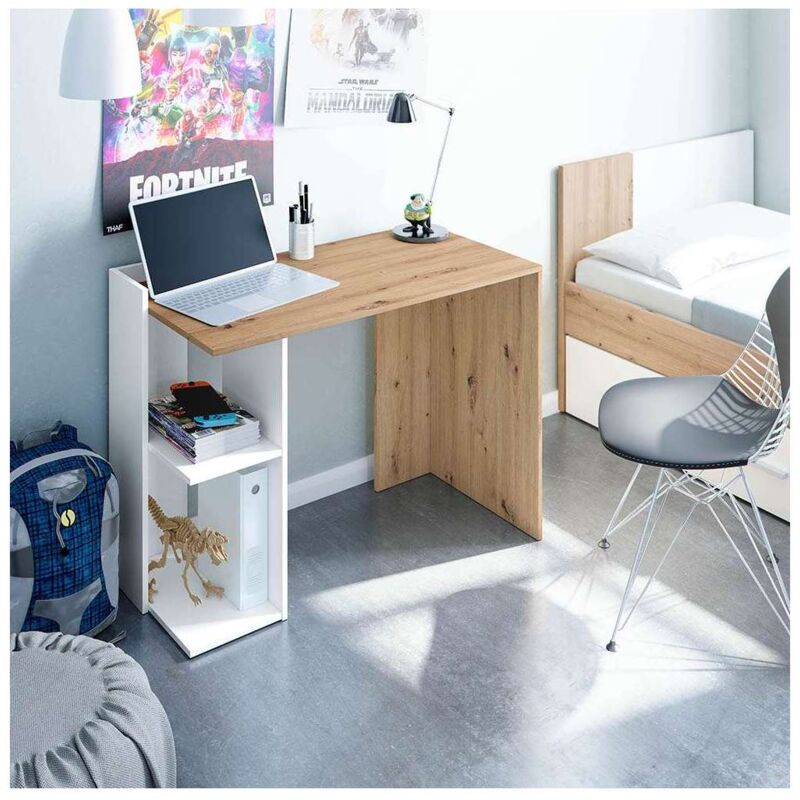 Mesa escritorio Luka con cajón acabado en Roble y Blanco Artik 77 cm(alto)  x 82