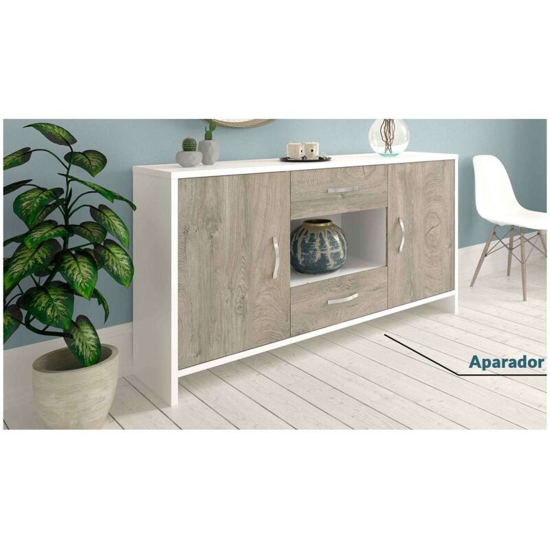 Aparador 2 puertas 2 cajones color blanco/roble 87 cm(alto)160 cm(ancho)40 cm(largo) Color BLANCO SOLT-ROBLE NUDOS