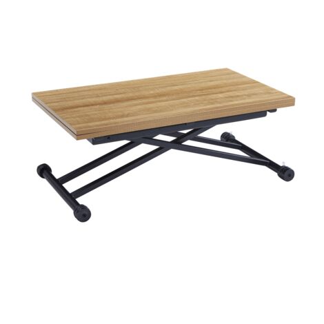 Mesa de centro con altura regulable Támesis simil madera color roble. 39-75 cm (alto) 100 cm (fondo) 57-114 cm (ancho)