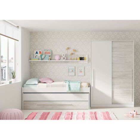 Cama compacta y estantería Elliot acabado blanco artic/blanco velho, 65cm(alto) 199cm(ancho) 96cm(largo)