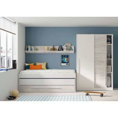 Cama compacta y estantería Elliot acabado blanco artic/blanco velho, 65cm(alto) 199cm(ancho) 96cm(largo)