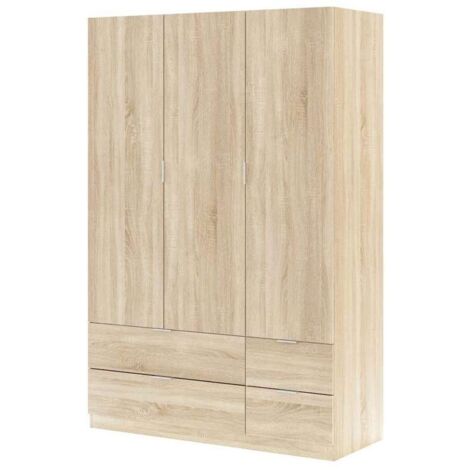 Armario 3 puertas abatibles 4 cajones acabado roble. 200cm(alto). 135cm(ancho). 52cm(fondo).