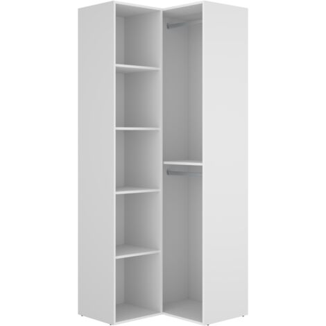 Vestidor de rincón Reus con estantes y trasera reversible en blanco/natural, 205cm(alto) 84.5cm(ancho) 84.5cm(fondo)