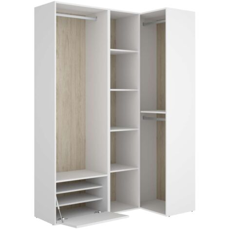 Vestidor de rincón Reus con estantes, zapatero y trasera reversible en blanco/natural, 205cm(alto) 144.5cm(ancho) 84.5cm(fondo)