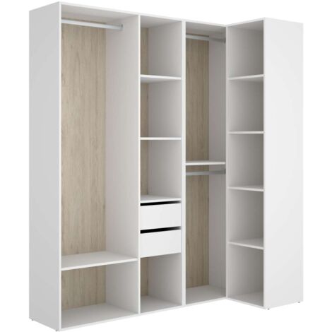 Vestidor de rincón Reus con estantes, 2 cajones y trasera reversible en blanco/natural, 205cm(alto) 182.5cm(ancho) 79.5cm(fondo)
