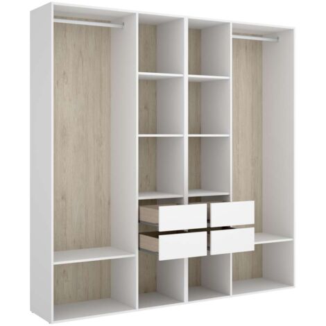 Vestidor Reus 4 cajones, 10 huecos y trasera reversible en blanco/natural, 205cm(alto) 196cm(ancho) 45cm(fondo)
