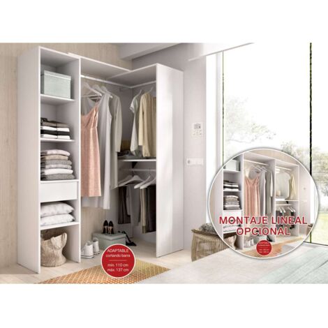 Vestidor de rincón-lineal Reus con estantes y cajón en blanco, 187cm(alto) 137cm(ancho) 80.5cm(fondo)