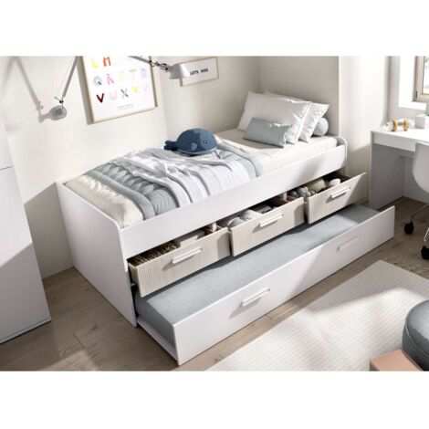 Cama compacta con cajones Soria acabado blanco/alistonado, 67.5cm(alto) 194.5cm(ancho) 95cm(largo)
