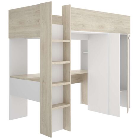 Cama alta juvenil Zero cama, escritorio y armario en alistonado natural-blanco, 177cm(alto) 205cm(ancho) 112cm(largo)