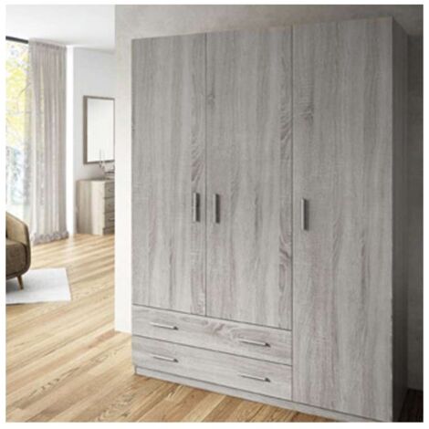 Armario ropero 3 puertas abatibles 2 cajones Lorena acabado Artico, 196cm(alto) 150cm(ancho) 50cm(largo)