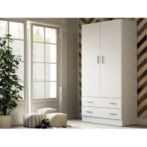 Armario ropero 2 puertas abatibles 2 cajones Lorena acabado blanco, 230cm(alto) 100cm(ancho) 50cm(largo) (1/2)