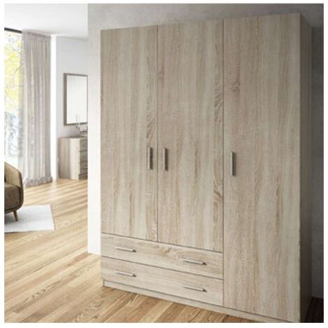 Armario ropero 3 puertas abatibles 2 cajones Lorena acabado Cambrian, 196cm(alto) 150cm(ancho) 50cm(largo)