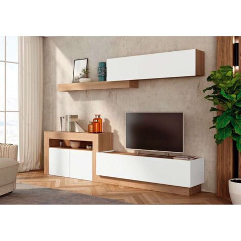 Composición de salón Max blanco y bambú. 260 cm de ancho. Se sirve montado.