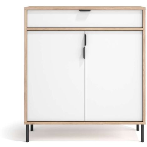 Mueble auxiliar/zapatero Md-507, 2 puertas 1 cajón en roble oscuro/blanco, 89cm(alto) 80cm(ancho) 29cm(prof.) (1/4)