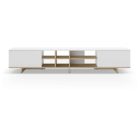 Mueble para televisión 2 puertas y 6 huecos Celia acabado blanco/roble, 44cm(alto) 230cm(ancho) 35.6cm(largo). (1/5)
