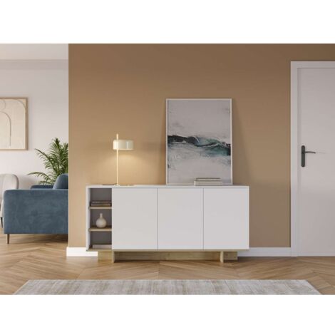 Aparador 3 puertas y 3 huecos Celia acabado blanco/roble, 80cm(alto) 170cm(ancho) 40cm(largo)