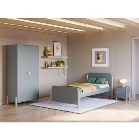 Cama juvenil Emma acabado verde kaki/cera blanca, 70cm(alto) 199cm(ancho) 107.2cm(fondo)
