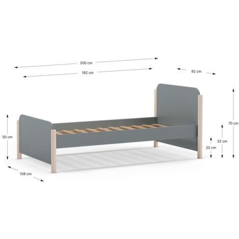 Cama juvenil Emma acabado verde kaki/cera blanca, 70cm(alto) 199cm(ancho) 107.2cm(fondo)
