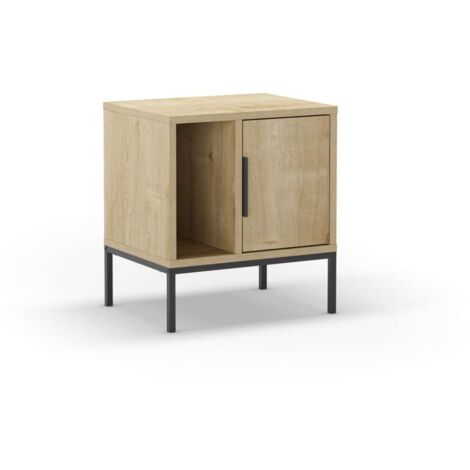 Mesita de noche para dormitorio Md-Leo 1 puerta, 1 hueco acabado roble/negro, 45cm(ancho) 50cm(alto) 35cm(fondo). (1/4)