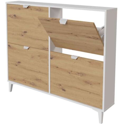 Mueble Zapatero Pili con 4 trampones en blanco soft/roble albar. 116.8cm(ancho) 97.4cm(altura) 20cm(fondo)
