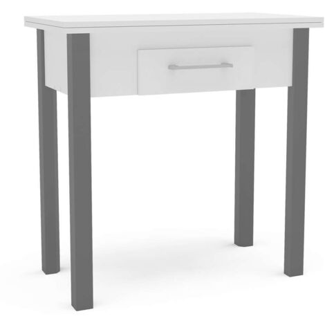 Mesa para cocina, comedor abatible 1 cajón Md-Bety acabado blanco/gris, 80cm(ancho) 75cm(altura) 40/80cm(fondo).