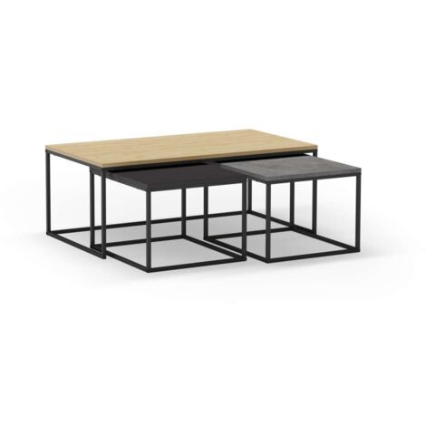 Set de 3 mesas de centro modelo Zoilo acabado roble/cemento/negro, 41.8/37.5cm(alto) 110/55.8cm(ancho) 60/48m(fondo). (1/5)