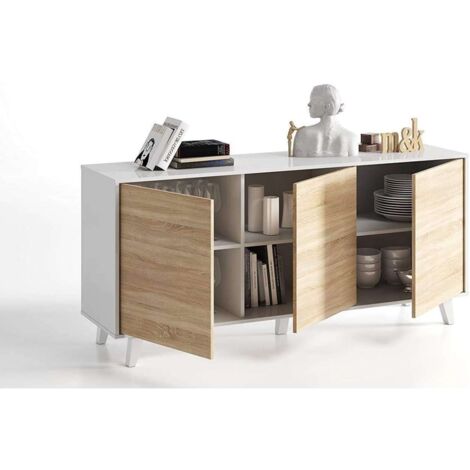 Aparador 3 puertas Alcontar en blanco brillo y roble canadian 75 cm(alto)154 cm(ancho)41 cm(largo)