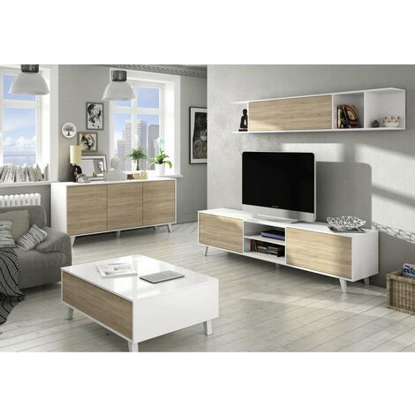 Aparador 3 puertas Alcontar en blanco brillo y roble canadian 75 cm(alto)154 cm(ancho)41 cm(largo)