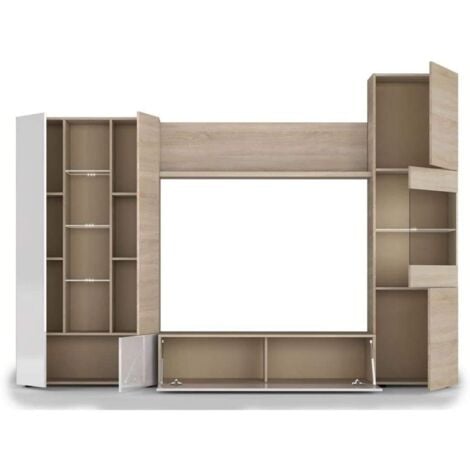 Mueble salon Macael en roble canadian y blanco brillo con led 185 cm(alto)260 cm(ancho)42 cm(largo)