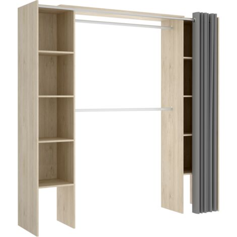Vestidor Siles para dormitorio con cortina y baldas en natural, 205cm(alto) 180cm(ancho) 50cm(fondo)