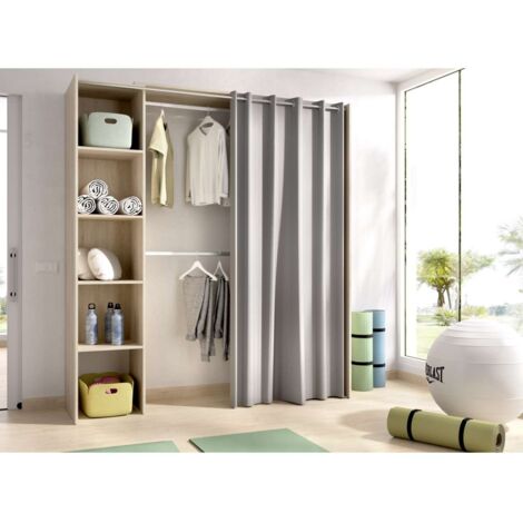 Vestidor Siles para dormitorio con cortina y baldas en natural, 205cm(alto) 180cm(ancho) 50cm(fondo)