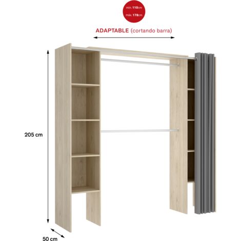 Vestidor Siles para dormitorio con cortina y baldas en natural, 205cm(alto) 180cm(ancho) 50cm(fondo)
