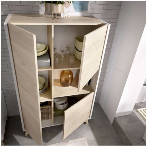 Modulo alto 3 puertas para salón o cocina Dina en Natural-Blanco, 135cm(alto) 81cm(ancho) 43cm(largo)