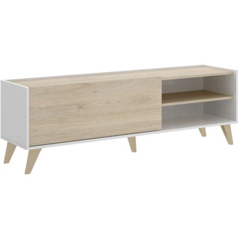 Mueble de televisión Dina en Blanco-Natural, 47cm(alto) 155cm(ancho) 43cm(largo) (1/5)