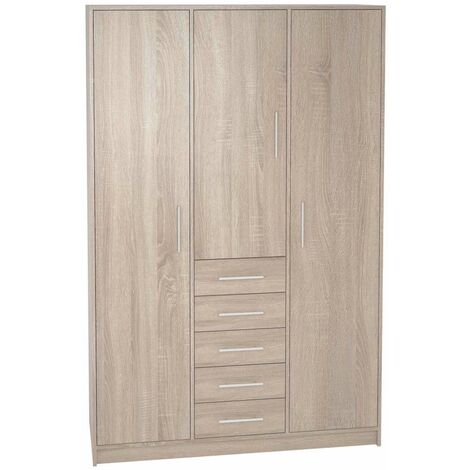 Armario 3 puertas abatibles 5 cajones acabado roble, 200 cm(alto)130 cm(ancho)50 cm(fondo)