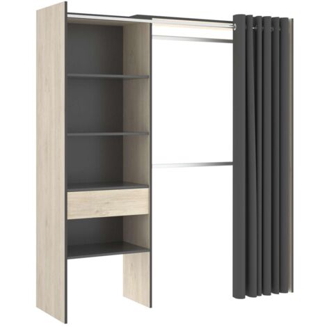 Vestidor Siles para dormitorio con cortina, 3 baldas y 1 cajon natural-grafito 205 cm(alto)160 cm(ancho)50 cm(fondo)