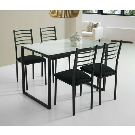 Conjunto cocina mesa y 4 sillas Noa estructura negra y cristal blanco.
