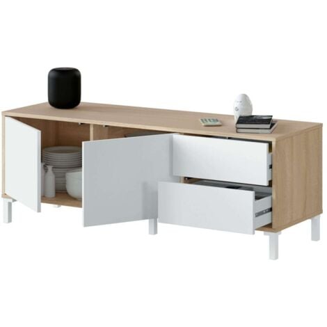 Mueble TV modelo Nabur en roble Canadian y blanco Artik, 130 cm (Ancho) x 47 cm (Alto) x 41 cm (Fondo)