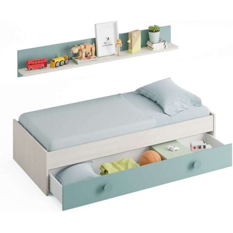 Cama nido Moy con estantería de pared en blanco alpes y verde aqua