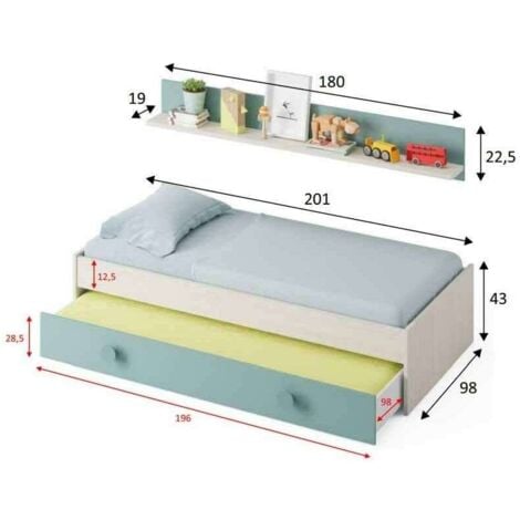 Cama nido Moy con estantería de pared en blanco alpes y verde aqua