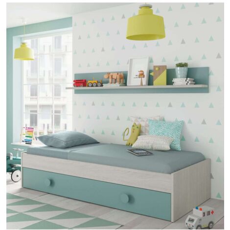 Cama nido Moy con estantería de pared en blanco alpes y verde aqua