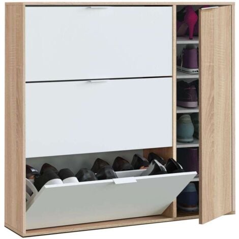 Zapatero con 4 puertas Maty Roble Canadian y Blanco 115 cm (alto) x 106 cm (ancho) x 22 cm (prof.)